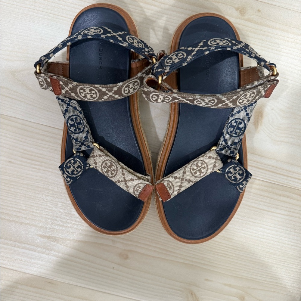 Tory Burch Navy, Beige and Brown Logo Strap Sandals